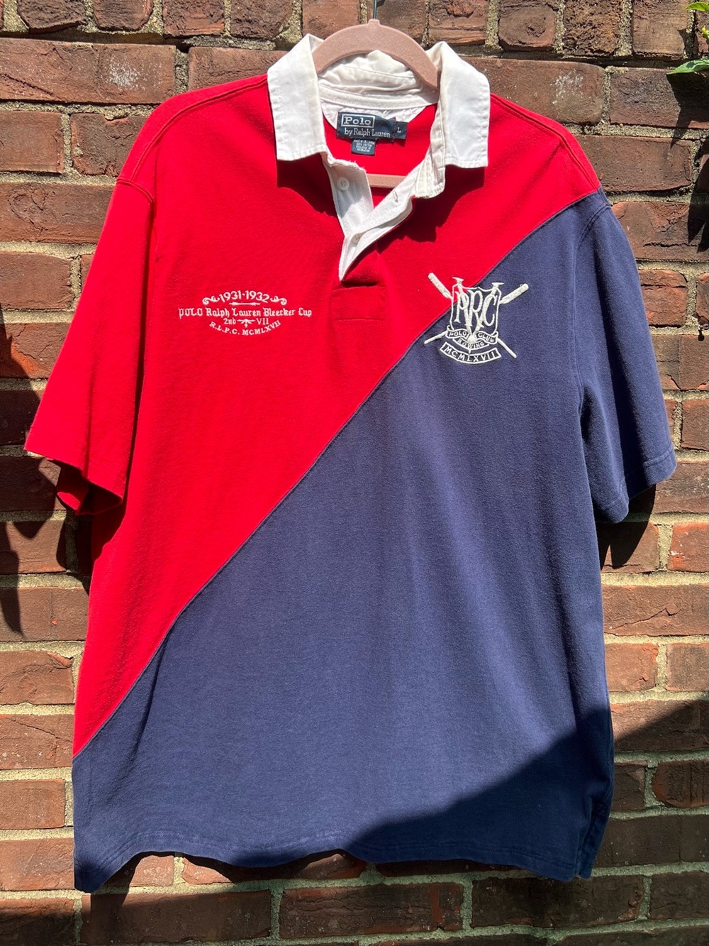 Polo Ralph Lauren Vintage Short Sleeve Rugby Shirt SzL Red/Navy Colorblock Crest